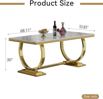 68" White Gold Marble Dining Table, Modern Kitchen Table with 0.79" Faux Marble Tabletop and Mirrored Stainless Steel Frame, Luxurious Rectangular Dining Room Table for Kitchen(No Chairs)