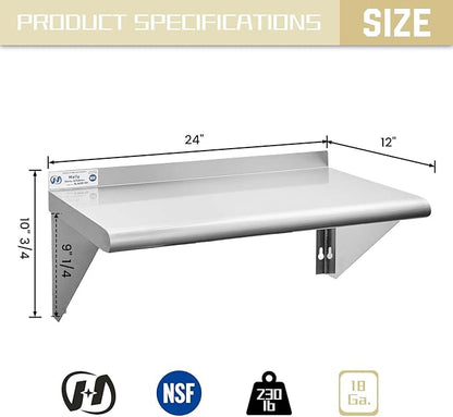 Hally Stainless Steel Shelf 12 x 24 Inches 230 lb, NSF Commercial Wall Mount Floating Shelving for Restaurant, Kitchen, Home and Hotel