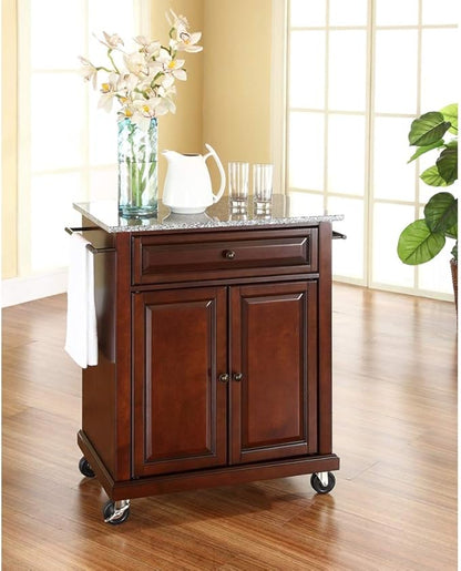 Crosley Furniture Compact Granite Top Small Rolling Cart with Shelves, Microwave Stand with Towel Rack, Black