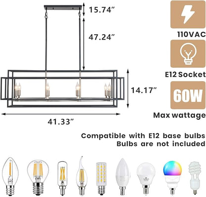 WJShome Kitchen Island Lighting, 8-Light Farmhouse Chandeliers for Dining Room, Modern Dining Room Light Fixtures Over Table, Linear Pendant Lights Kitchen Island（Black & Brushed Nickel）