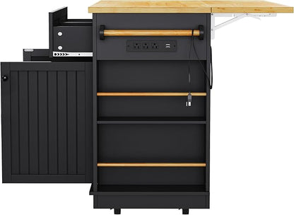 Ball & Cast 48" Large Kitchen Island with Power Outlet,Rolling Kitchen Cart on 5 Wheels W/Drop Leaf and 5 Open Side Racks,Kitchen Storage Cart W/Adjustable Shelf,for Kitchen,Dining Room,Black