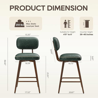 MALOL 26“ Swivel Bar Stools Set of 3, Mid Century PU Leather Counter Height Bar Chairs with Low Back and Metal Legs, Modern Bar Stool Chair for Kitchen Island, Green
