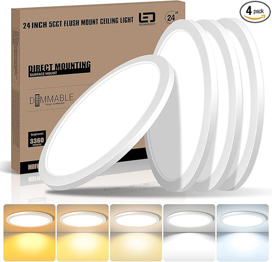 mw 4 Pack 24 Inch Flush Mount Ceiling Light, 3360LM, 5CCT 2700K/3000K/3500K/4000K/5000K, Dimmable Ultra Slim Modern LED Ceiling Light, Damp Location for Bedroom, Kitchen, Laundry Room, ETL Listed