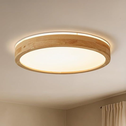 LED Ceiling Light Fixture 15.74, Handcrafted Natural Wood Modern Wabi-Sabi Style, 42W LED 3000K-4000K-6000K, Low Profile Lamp for Bedroom Kitchen Hallway Dining
