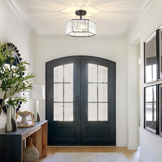 TOULMJ Modern Black Semi Flush Mount Ceiling Light, 3-Light Crystal Entryway Light Fixture Close to Ceiling Kitchen Lighting, Hallway Light Fixtures Flush Mount Chandelier for Bathroom Bedroom Foyer