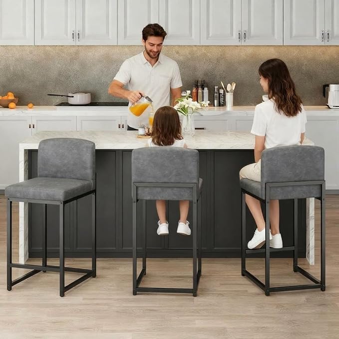 GarveeHome Bar Stools Set of 6, Modern Counter Height Bar Stools with Back and Footrest, Faux Leather Upholstered Barstools Chairs for Kitchen Island Dining Room Bar, Grey