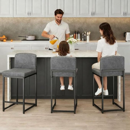 GarveeHome Bar Stools Set of 6, Modern Counter Height Bar Stools with Back and Footrest, Faux Leather Upholstered Barstools Chairs for Kitchen Island Dining Room Bar, Grey