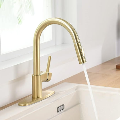 Gold Kitchen Faucet with Pull Down Sprayer - Modern Single Handle Pull Down Kitchen Sink Faucet with Deck Plate | Stainless Steel Brass Kitchen Faucet for 1 & 3 Hole Brushed Gold