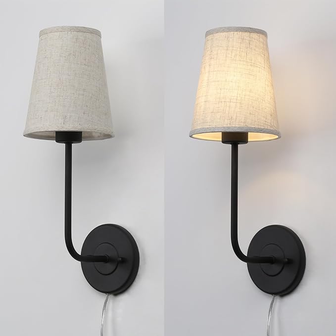 Pathson Set of 2 Plug in Fabric Wall Sconce Linen Cloth Shade, 1-Light Vintage Wall Light Fixture for Living Room Bedroom