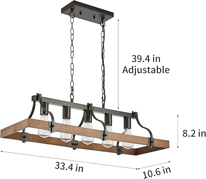Farmhouse Chandeliers for Dining Room, 5-Light Rustic Kitchen Island Light Fixture, Wood Linear Industrial Black Rectangular Ceiling