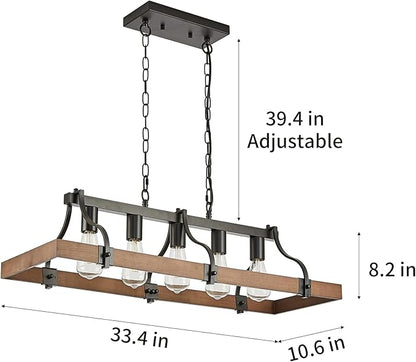 Farmhouse Chandeliers for Dining Room, 5-Light Rustic Kitchen Island Light Fixture, Wood Linear Industrial Black Rectangular Ceiling