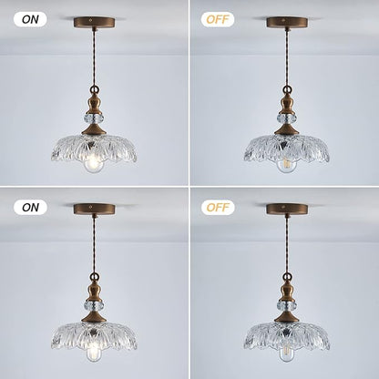 CVKASH Vintage Glass Pendant Light Fixture Brass Modern Adjustable Chandelier Farmhouse Hanging Light for Hallway Porch Kitchen Bedroom Coffee Shop Dining Room Island