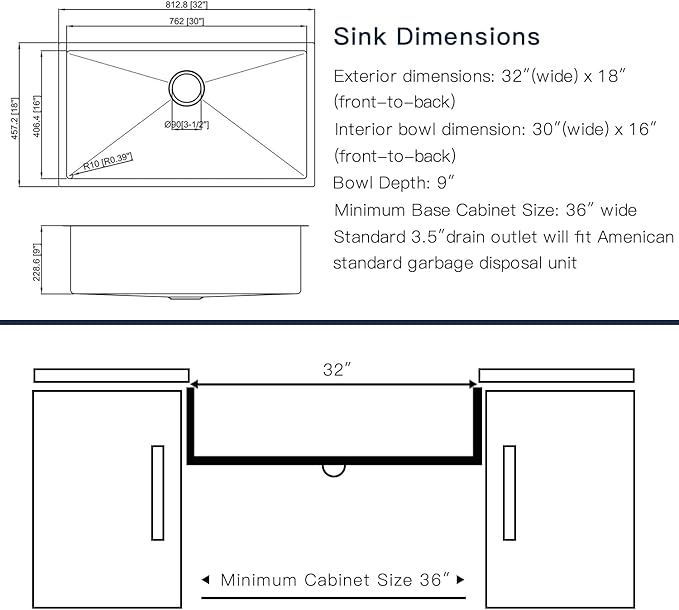 Kitchen Sinks 32x18 Inch Undermount Kitchen Sink Stainless Steel Sink 16 Gauge Single Bowl Set (5 Item Bundle: Sink, Bottom Grid, Drain Assembly, Drain Cap, Towel)