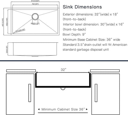 Kitchen Sinks 32x18 Inch Undermount Kitchen Sink Stainless Steel Sink 16 Gauge Single Bowl Set (5 Item Bundle: Sink, Bottom Grid, Drain Assembly, Drain Cap, Towel)