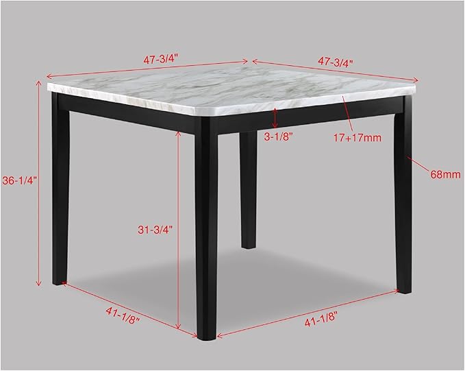 Counter-Height Square Table with Faux Marble Top and Black Wood Base, Versatile for Dining Room or Kitchen Island