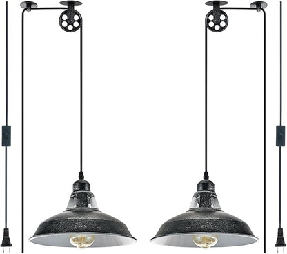 Plug in Pendant Light With Switch,Vintage Industrial Design,16.4ft Cord,Adjustable Pulley,Easy Install,Ideal For Living Room,Pool Table,Bedroom,Kitchen,Sloped Ceiling,Bar,Outdoor Shed(Silver Black)