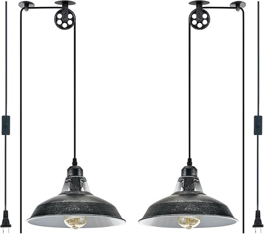 Plug in Pendant Light With Switch,Vintage Industrial Design,16.4ft Cord,Adjustable Pulley,Easy Install,Ideal For Living Room,Pool Table,Bedroom,Kitchen,Sloped Ceiling,Bar,Outdoor Shed(Silver Black)