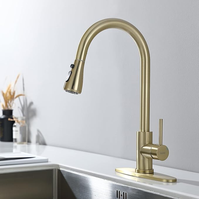 Keer Gold Single Handle Pull Down Kitchen Faucet with Soap Dispenser, 3 Modes Sprayer, Easy Assembly, Single Handle High Arc Stainless Steel Faucet