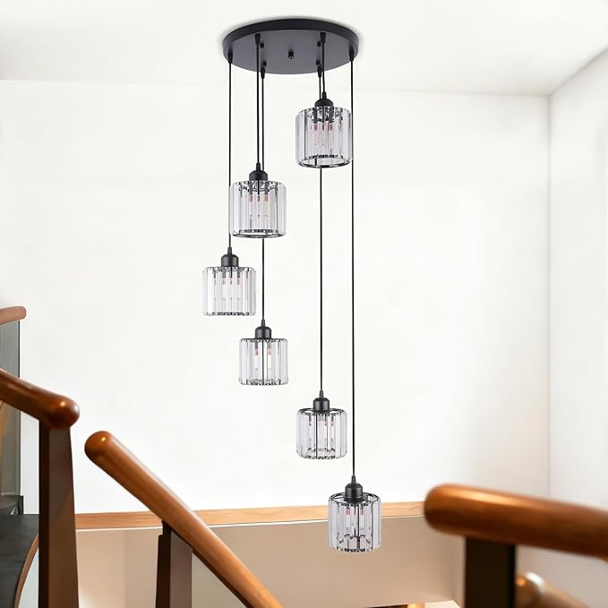 Modern Retro 6-Light Crystal Foyer Chandelier for High Ceilings, Large Hanging Chandelier for Staircase, Entryway, Kitchen Island, Adjustable Height Black E26 Pendant Light Fixture