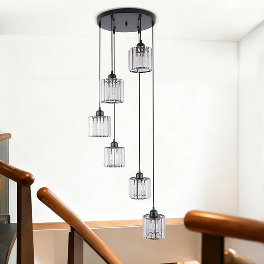 Modern Retro 6-Light Crystal Foyer Chandelier for High Ceilings, Large Hanging Chandelier for Staircase, Entryway, Kitchen Island, Adjustable Height Black E26 Pendant Light Fixture