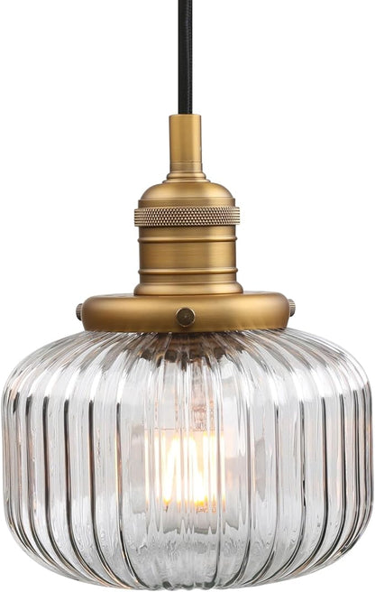 Yosoan Indoor Vintage Edison Hanging Pendant Light, 1-Light Hardwired Modern Vanity Light Industrial Semi Flush Mount Lamp Striped Ribbed Glass Shade for Kitchen Table Bar Island(Antique)