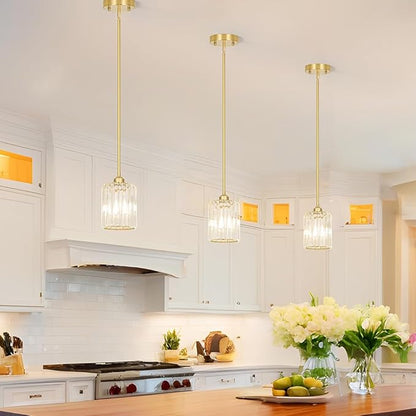 Lxybcce Gold Kitchen Pendant Lights Over Island with Adjustable Rods - Crystal Pendant Lighting Fixtures for Sloped Ceiling, Ideal Over Dining Table or Bar, E26 Bulb Compatible, No Electrician Needed