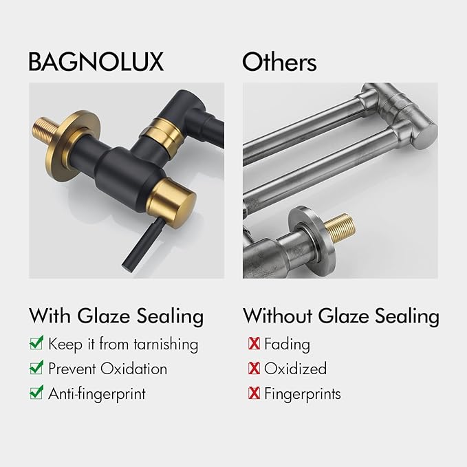 BAGNOLUX Pot Filler Faucet Over Stove, Traditional Pot Filler Wall Mount Commercial Solid Brass Kitchen Faucet, Pot Filler Folding Faucet with Double Joint Swing Arm 23.4 inch, Black and Gold