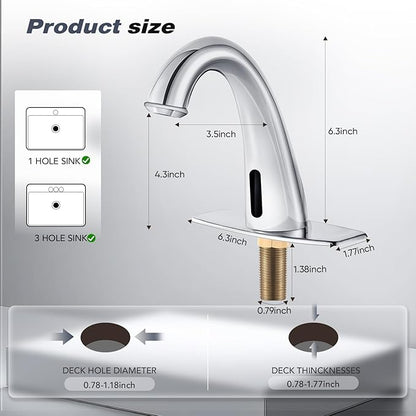 Automatic Touchless Bathroom Faucet Motion Sensor Activated Commercial Basin Sink Vantiy Hands Free Auto Off Infrared Mixer with Hole Cover Deck Plate Temperature Control Hot Cold （Chrome）