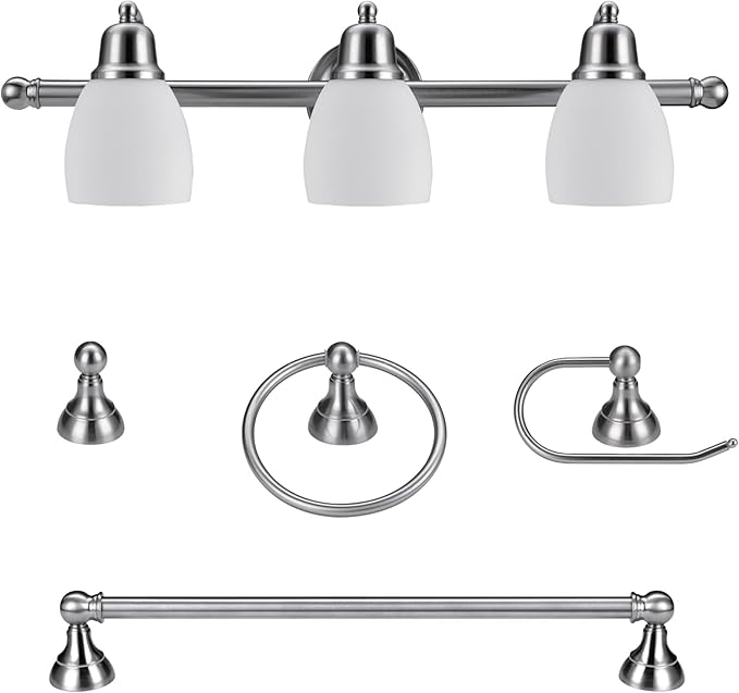 Globe Electric 51229 Jayden 5-Piece All-in-One Bathroom Set, Satin Nickel, 3-Light Vanity Light with White Opal Glass Shades, Towel Bar, Toilet Paper Holder, Towel Ring, Robe Hook