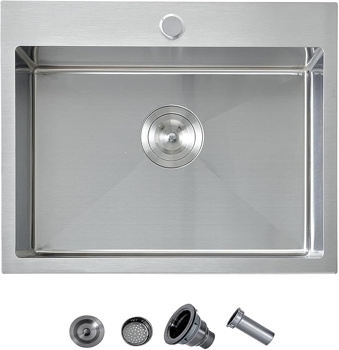 20 x 16 Drop In Kitchen Sink, Stainless Steel Top Mount Drop In Single Bowl Bar Wet Prep RV Outdoor Kitchen Sink 16 Gauge Brushed Nickel