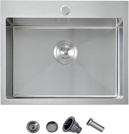 20 x 16 Drop In Kitchen Sink, Stainless Steel Top Mount Drop In Single Bowl Bar Wet Prep RV Outdoor Kitchen Sink 16 Gauge Brushed Nickel
