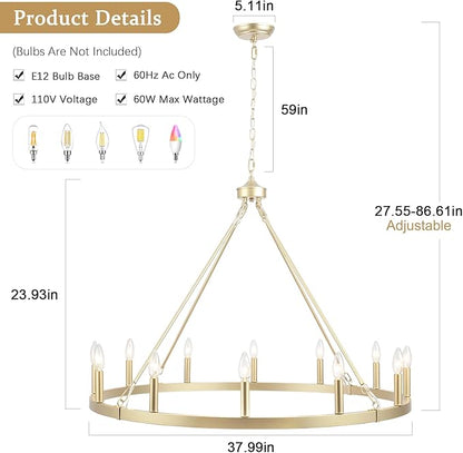 Gold Wagon Wheel Chandelier for Dining Room Light Fixture 12Light Gold Chandelier for Foyer 38inch 27-86" Height Adjustable Pendant Light for Flat Sloped Ceilings Dining Room Kitchen Island Entryway