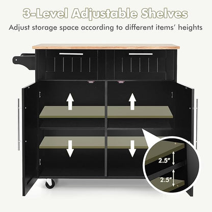 COSTWAY Kitchen Island Cart on Wheels, with Side Towel Bar, 2 Drawers, 2 Door Cabinet, Rolling Storage Trolley Cart with Rubber Wood Top & Lockable Casters (Black)