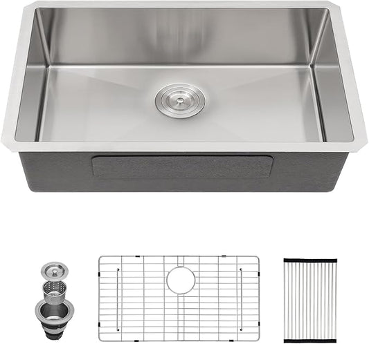 30 Inch Undermount Kitchen Sink - Couoko 30x18 Undermount Single Bowl Kitchen Sink 16 Gauge Stainless Steel Deep Handmade Round Corner Under Counter Kitchen Sink with Accessories