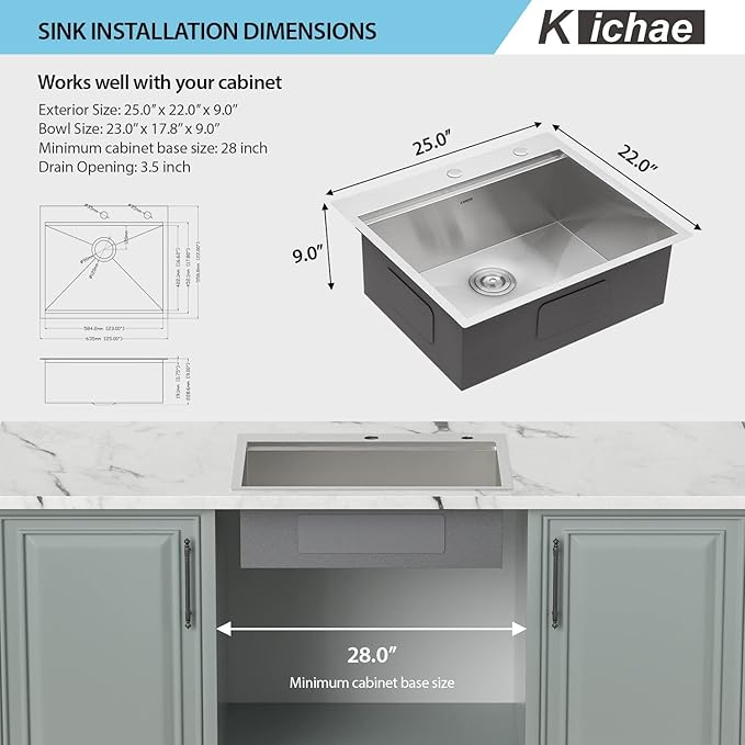 Kichae 25 Inch Drop In Kitchen Sink Workstation - 25" x 22" Drop-In Kitchen Sink 16 Gauge Stainless Steel Single Bowl Ledge Workstation 25 Inch Handmade Basin