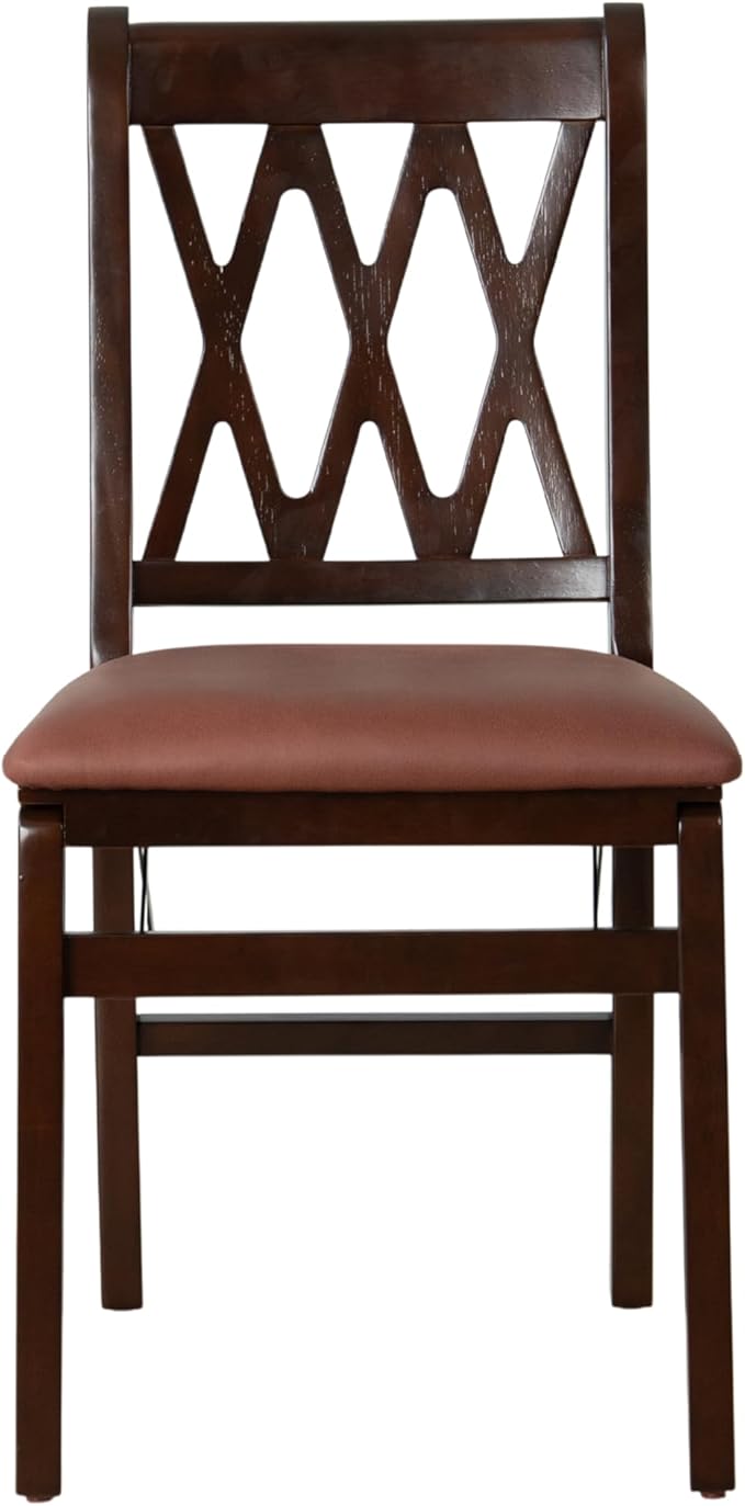 East West Furniture - PNC-MAH-26 – Plano Folding Solid Wood Dining Room Chairs with PU Leather Seat, 3-X Back Design, Set of 2, No Assembly Needed, Mahogany Wood Finish