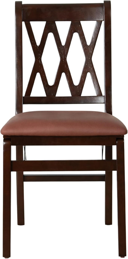 East West Furniture - PNC-MAH-26 – Plano Folding Solid Wood Dining Room Chairs with PU Leather Seat, 3-X Back Design, Set of 2, No Assembly Needed, Mahogany Wood Finish