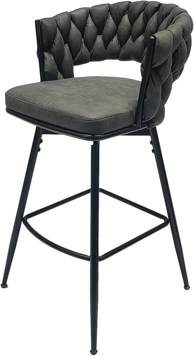 GOWE 28" Technical Leather Woven Bar Stool Set of 2,Black Legs Barstools No Adjustable Kitchen Island Chairs,360 Swivel Bar Stools Upholstered Counter Stool Arm Chairs with Back Footrest (Tan)