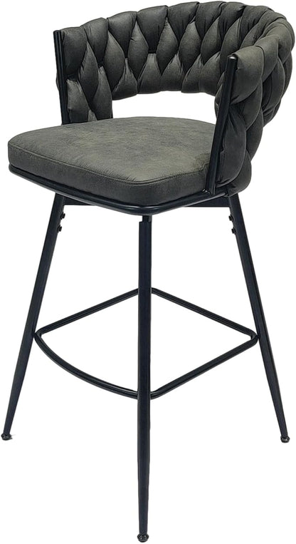 28" Technical Leather Woven Bar Stool Set of 2,Black Legs Bar stools No Adjustable Kitchen Island Chairs,360 Swivel Bar Stools Upholstered Counter Stool Arm Chairs with Back Footrest (Tan)