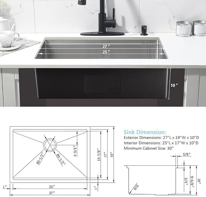 27 Inch Undermount Kitchen Sink-Bokaiya 27x19 Stainless Steel Undermount Sink Ledge Workstation SUS 304 10" Deep 16 Gauge Single Bowl with Cutting Board& Drainer