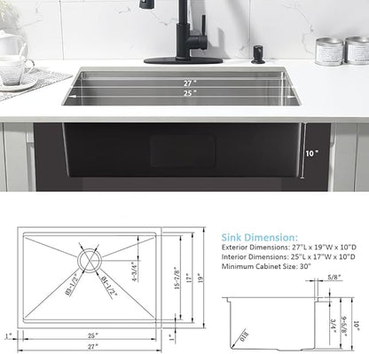 27 Inch Undermount Kitchen Sink-Bokaiya 27x19 Stainless Steel Undermount Sink Ledge Workstation SUS 304 10" Deep 16 Gauge Single Bowl with Cutting Board& Drainer