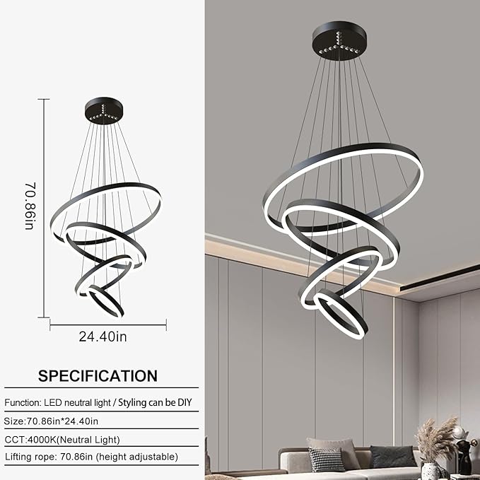 Modern LED Pendant Light, Black 4 Ring Circular Chandelier Fixture, Adjustable Height Circular Entrance Pendant Light, Suitable for Restaurants, Kitchens, Islands, Living Rooms, Cafes, Etc. (4000K)