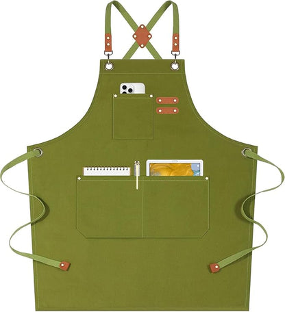 AFUN Chef Aprons for Women Men with Oversized Pockets, 12-Ounce Cotton Canvas Cross Back Water Repellent Apron (Army Green)