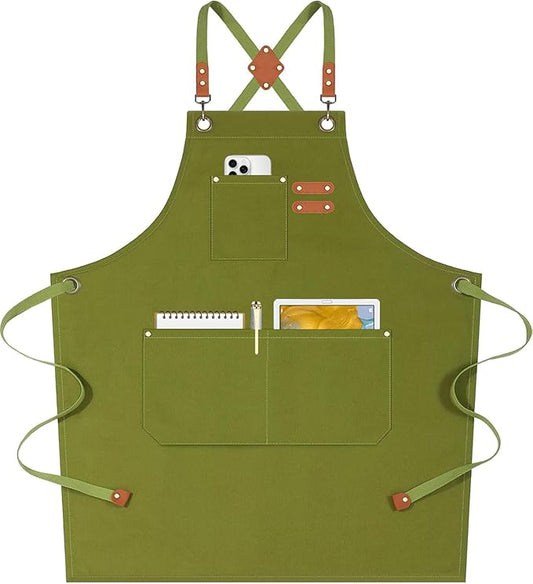 AFUN Chef Aprons for Women Men with Oversized Pockets, 12-Ounce Cotton Canvas Cross Back Water Repellent Apron (Army Green)