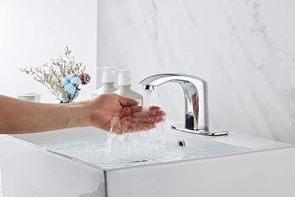Automatic Bathroom Sink Faucet with Hole Cover Plate Sensor Touchless Dual-Powered Chrome Vanity Faucets Hands Free Water Tap with Control Box and Temperature Mixer Matching Pop Up Drain with Overflow