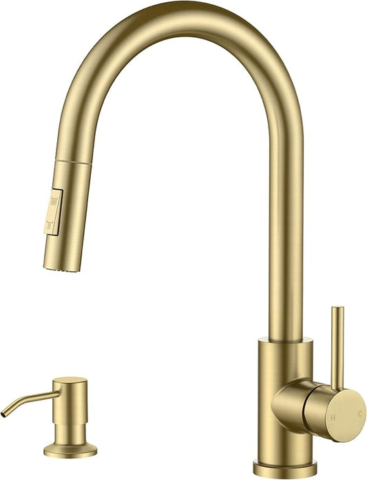 FORIOUS Gold Kitchen Faucet with Pull Down Sprayer, Modern Single Hole Kitchen Sink Faucet with Soap Dispenser, Deck Plate, Single Handle, High Arc Stainless Steel for RV Bar Farmhouse Laundry