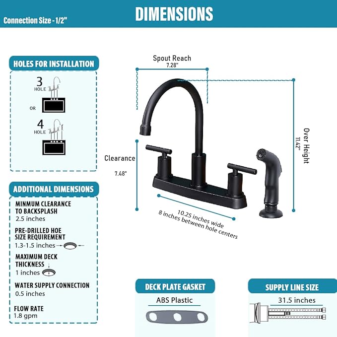 Black Kitchen Faucet, Matte Black Kitchen Faucet with Sprayer, 3 Hole or 4 Hole Matte Black Faucet for Kitchen Sink, Touch Kitchen Faucet with Side Sprayer,TDLKF024B