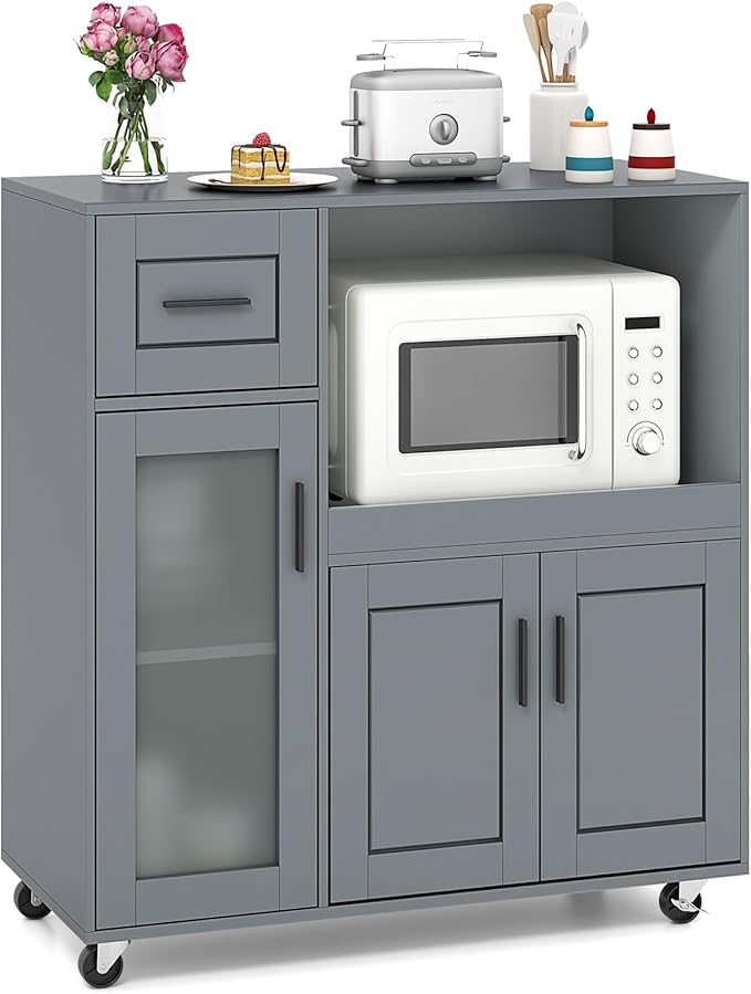 Giantex Kitchen Island Cart with Storage, Rolling Island Table with Drawer, Glass Door, Adjustable Shelf, Bar Coffee Microwave Cart On Wheels for Dining Room, Grey