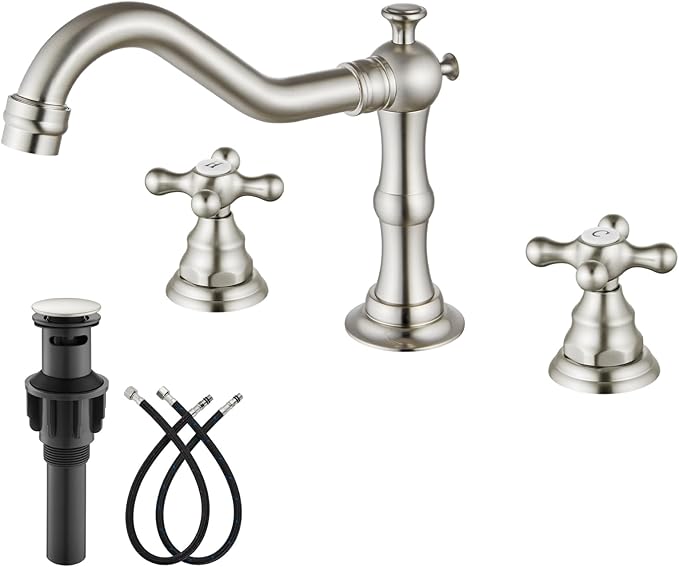 gotonovo Bathroom Faucet 3 Hole 8 Inch Widespread Bathroom Sink Faucet 2 Cross Handles Vintage Lavatory Vanity Mixer Tap with Pop Up Drain, H C Label, Brushed Nickel