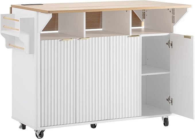 Modern Dining Table Kitchen Island with 2 Drop, Cart Power Outlet, 4 Doors Spice Rack, Rolling Table Faux Marble Top, Curved Edge Wood Console,White-MDF
